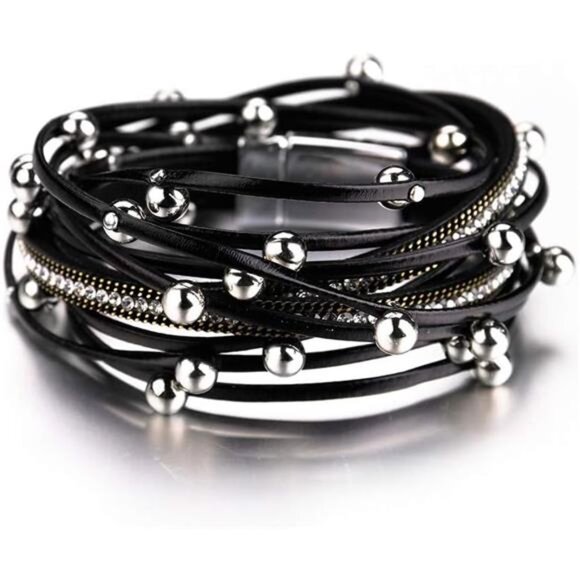 Leather Wrap Bracelets for Women, Boho Leopard Multi-Layer Crystal Beads Cuff - Picture 1 of 7